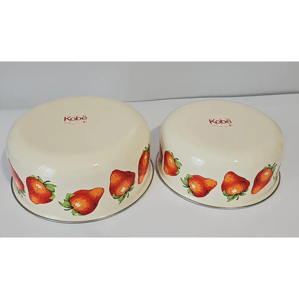 Two Vintage Kobe Enamel Bowls Cream Strawberry Nesting Mixing Cottagecore